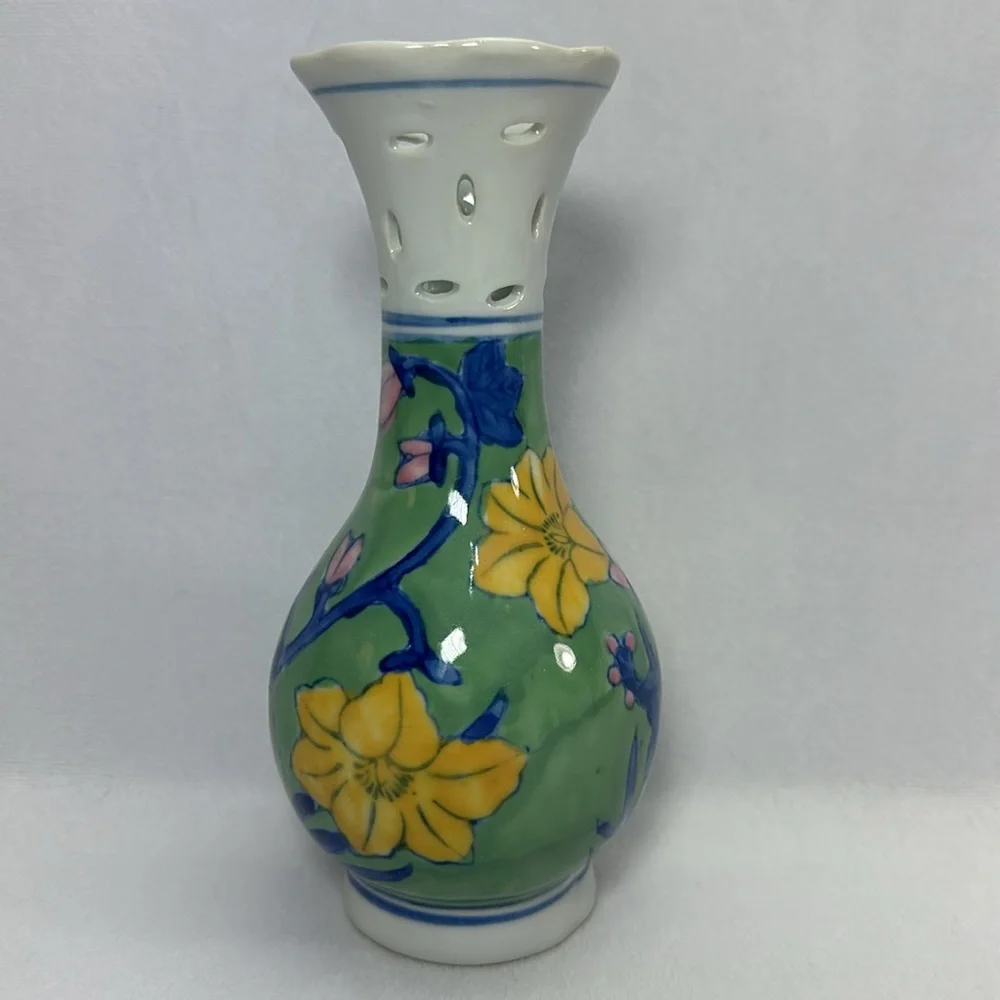 Vintage Chinese Pottery Hand Painted Floral Green Vase Pink Yellow Blue Flowers